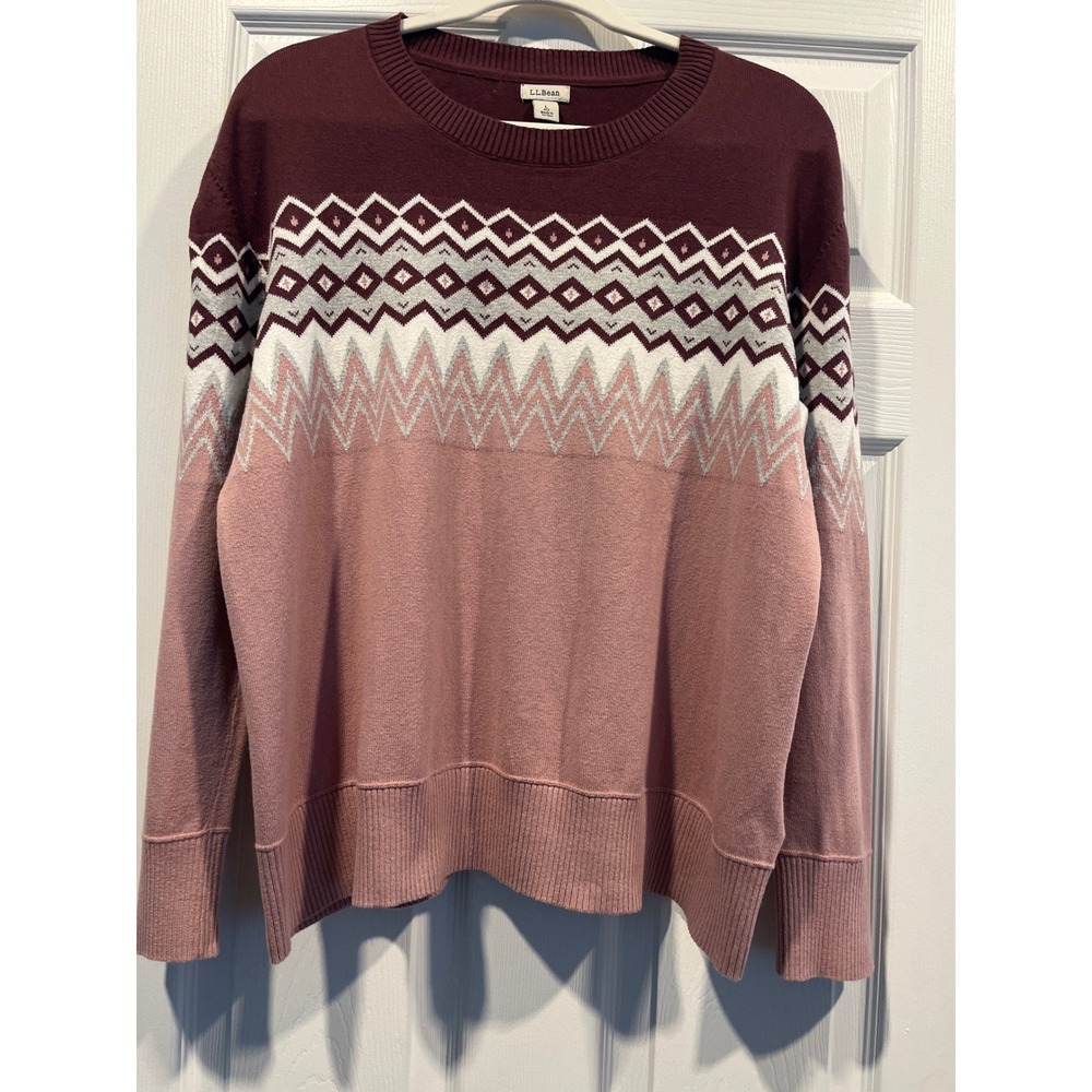 LL Bean Womens Large Burgundy Pink Fair Isle Geometric Crewneck Sweater L Sleeve